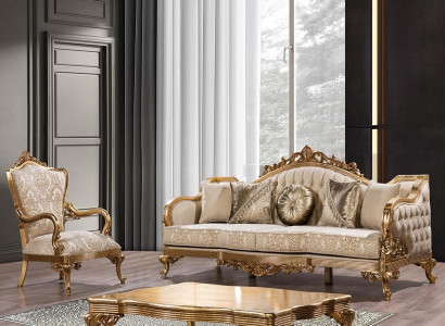 Goldene Couch Klassische Sofagarnitur Polster Möbel 3+1 Couchtisch Stoff